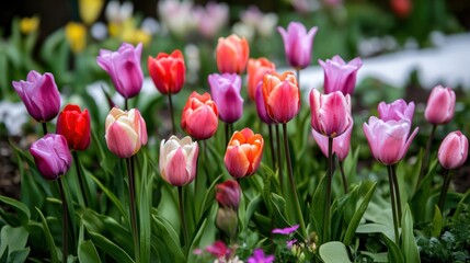 Fototapeta premium A colorful garden with many different types of flowers. Some of the flowers are pink and orange. There are also some green leaves