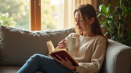 Fototapeta premium A cozy scene of a student taking a study break, lounging on a comfortable sofa with a cup of tea and a book in hand.