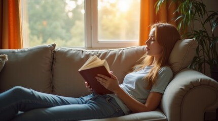 Fototapeta premium A cozy scene of a student taking a study break, lounging on a comfortable sofa with a cup of tea and a book in hand.