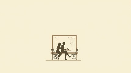A minimalist design featuring a silhouette of a couple sitting at a cafe window against a plain background, symbolizing love and connection in a cozy setting