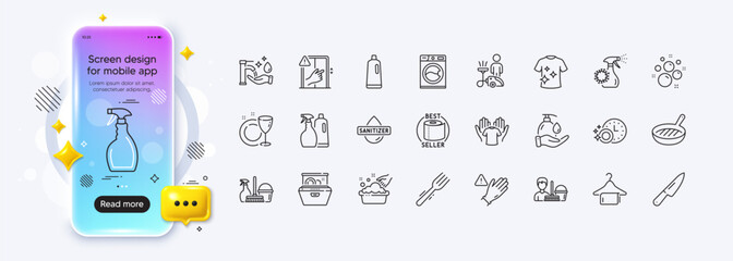 Dish plate, Washing machine and Clean t-shirt line icons for web app. Phone mockup gradient screen. Pack of Dont touch, Household service, Clean towel pictogram icons. Vector