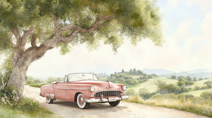 Vintage convertible under oak tree in idyllic countryside landscape
