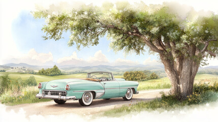 Vintage convertible on country road under shady tree in idyllic landscape