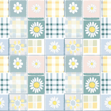 Seamless pattern of daisies on patchwork squares for tablecloth design in pastel colors
