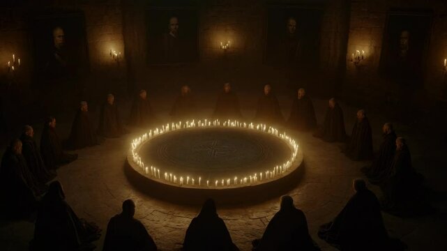Ancient order ritual in candlelit chamber with ancestral portraits. Secret ceremony scene. Dark brotherhood concept. Mystical gathering footage