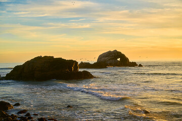 sunset on the ocean with birds flying on the horizon