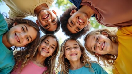 Fototapeta premium Happy childhood. Faces of funny joyful preteen friends who stand in circle and look down at camera. Bottom view of cute boys and girls in colorful summer casual clothes hugging and laughing outdoors.