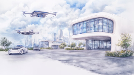 Naklejka premium Futuristic urban scene with flying cars and modern architecture in a cloudy sky