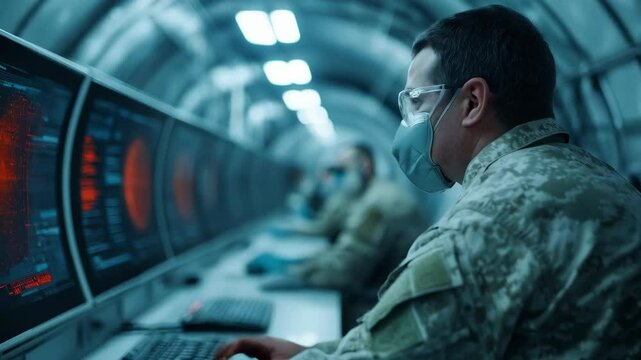 Military officer in secret underground facility monitoring screens. Antarctic base mystery scene. Government conspiracy concept. Classified research footage