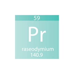 Pr Praseodymium Lanthanide Chemical Element Periodic Table. Simple flat square vector illustration, simple clean style Icon with molar mass and atomic number for Lab, science or chemistry class.