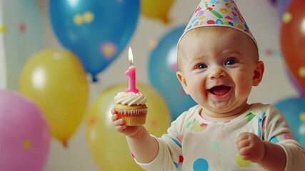 A happy baby celebrates turning one year old, holding a colorful cupcake with a candle while surrounded by balloons