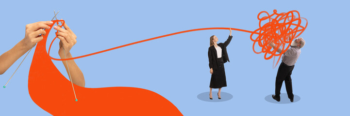 Hands knitting thread symbolizing emotions, while therapist helping elderly man manage tangled mess. Contemporary art collage. Concept of psychology, elderly people, therapy, care, emotional support