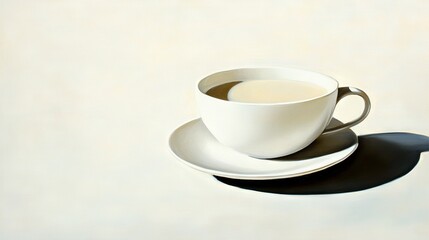   White cup & saucer on black saucer on white surface, w/shadow on plate