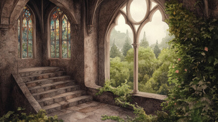 Obraz premium Enchanting medieval cloister with stained glass windows overlooking lush forest