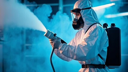 A technician in protective gear operates fogging equipment that disperses disinfectant in a large facility to ensure hygiene and safety. The scene is illuminated with blue light, improving visibility