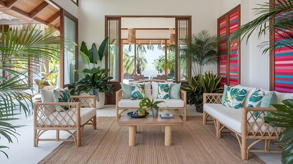 Obraz premium Modern relaxing home interior design with greenery and relaxation for mind.wooden interior design.Transform your living space into a vibrant tropical retreat where lush greenery meets organic textures