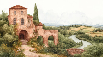 Fototapeta premium Tranquil tuscan countryside with rustic villa and serene river landscape