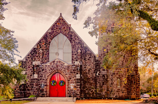 Christmas wreaths on door at All Saints Episcopal Church in Mobile Alabama