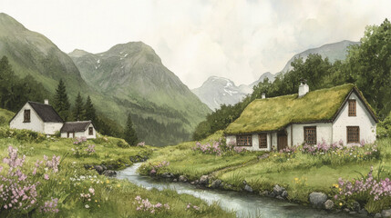 Obraz premium Charming countryside cottages by a mountain stream in a serene valley landscape