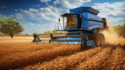 Fototapeta premium A photo of a peanut combine at work in a field.