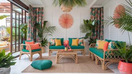 Fototapeta premium Modern relaxing home interior design with greenery and relaxation for mind.wooden interior design.Transform your living space into a vibrant tropical retreat where lush greenery meets organic textures