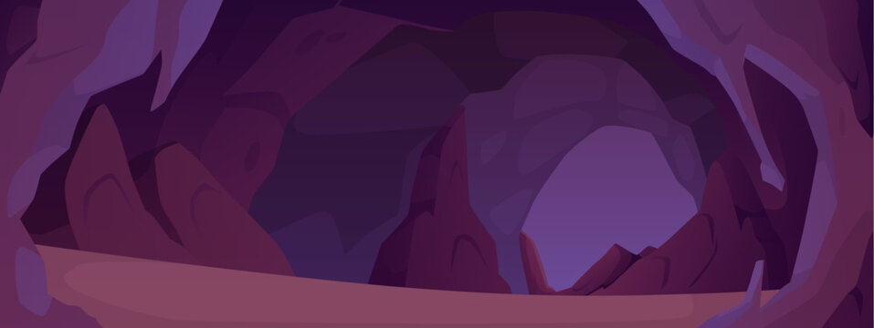 Stone cave vector rocky background, cartoon grey cave landscape, empty underground tunnel, fantasy mine for level game