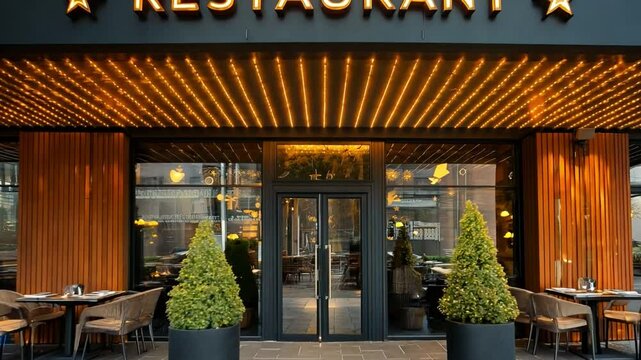 A modern restaurant entrance with a black facade, a lit sign and a canopy with yellow lights overhead