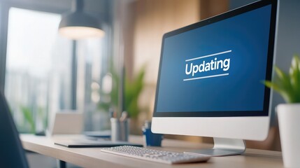 Close-Up of Software Update Progress Bar on Computer Screen in Modern Office Setting

