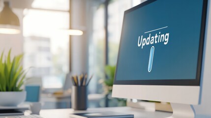 Close-Up of Software Update Progress Bar on Computer Screen in Modern Office Setting

