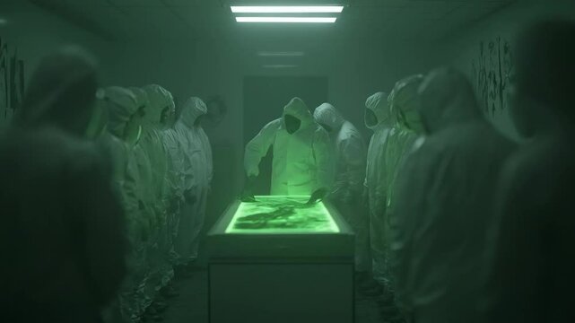 Scientists in protective suits examining alien creature in secret facility. Classified research scene. Government conspiracy concept. Area 51 footage