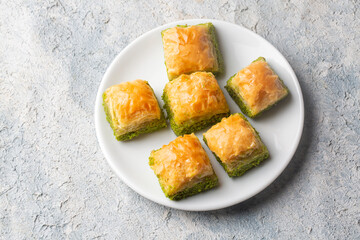 Traditional delicious Turkish dessert; pistachio baklava (Turkish name; kuru baklava)