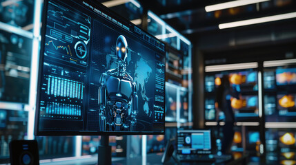 A large screen displays AI chatbots, illustrating the integration of technology in enhancing corporate communication and customer interaction