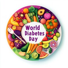 Colorful Plate of Fruits, Vegetables & Grains with 'World Diabetes Day' Text Integrated for Health Awareness