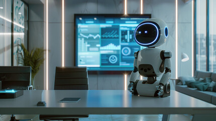 Fototapeta premium A large screen displays AI chatbots in a contemporary office, showcasing advancements in workplace communication and customer service interaction