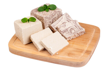 Halva dessert with sesame paste and cacao on white