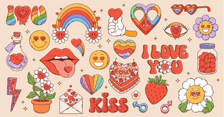 Retro groovy hippie love symbols of 70s cartoon art with hearts and rainbows, vector icons. Groovy cartoon love stickers with hippie peace sign, psychedelic kiss lips with funky daisy and I Love You