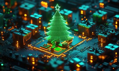 Christmas tree glowing on circuit board with presents