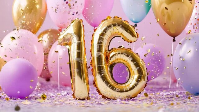 A vibrant 16th birthday celebration setup filled with colorful balloons, confetti, and golden decorations, creating a joyful atmosphere