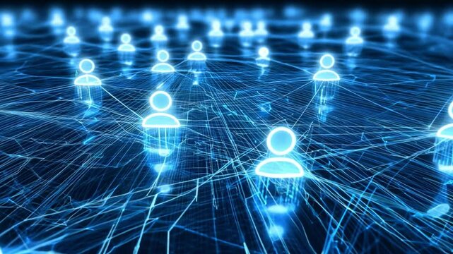 Blue digital background with users icons representing digital connections and communication while glowing avatars interact in a high tech network setting
