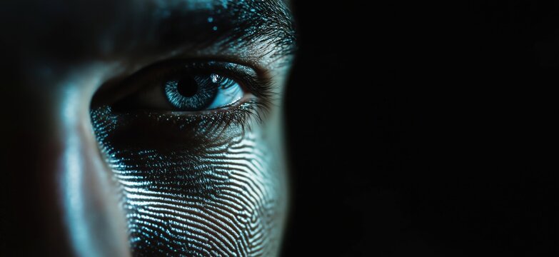 Eye with fingerprint pattern, close-up, dark background, human features