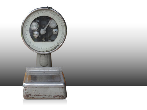 front view old and rust silver and steel scales on gradient black and white background, object, technology, ancient, antique, copy space