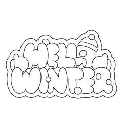 Christmas bubble Lettering of the phrase Hello Winter in black and white