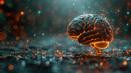 An abstract digital brain with glowing circuits and floating holographic symbols illuminates a dark futuristic backdrop