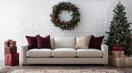 Cozy Christmas Living Room with White Sofa  Red Pillows  Christmas Tree  and Gifts