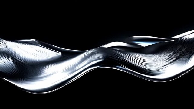 Captivating movement of silver waves gracefully flowing as they reflect light, showcasing their dynamic beauty on blak backdrop