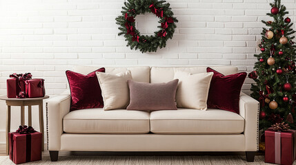 Christmas Decor  White Sofa with Red Pillows  Gifts  Wreath and Small Tree