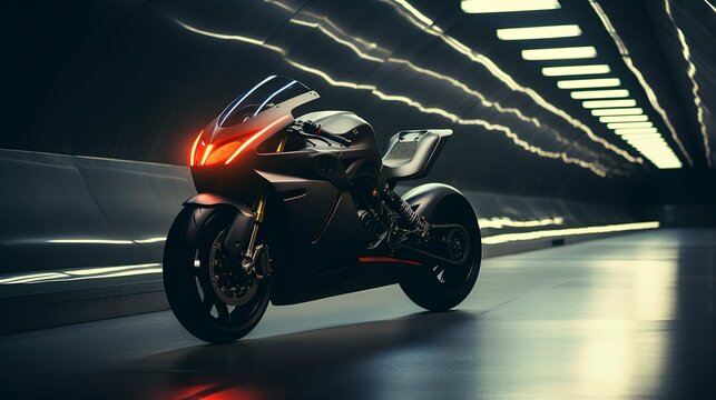 Futuristic motorcycle with neon lights speeding through a sci-fi tunnel