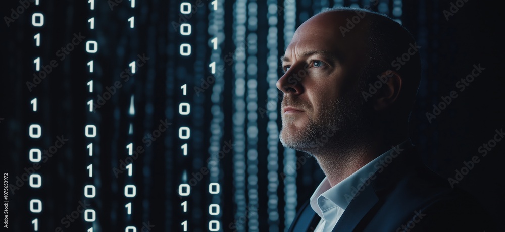Poster man contemplating binary code, digital background, technology theme