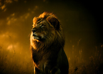 Naklejka premium A mesmerizing cinematic photo of a majestic lion under the starlit night sky with intriguing storytelling elements and ethereal lighting