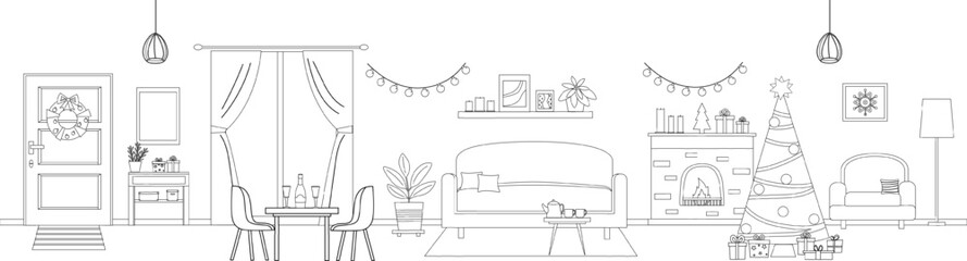 Christmas interior banner line art